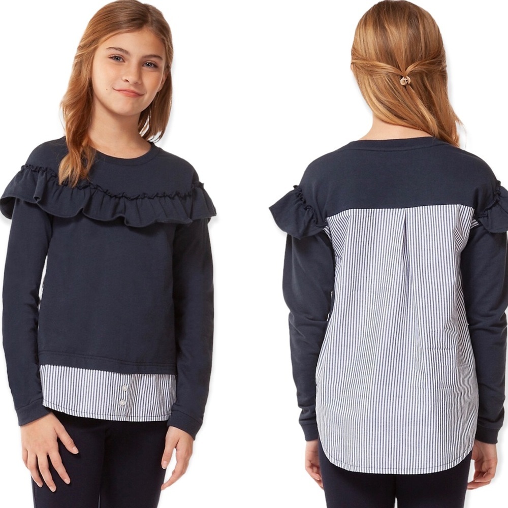DEX Twofer Ruffle Striped Cotton Blouse Top Navy Blue Girls 10-12Y Size Large